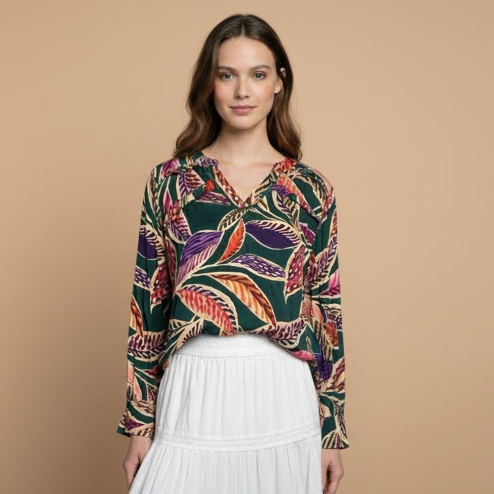 Democracy Multicolor Tropical Leaf V-Neck Blouse